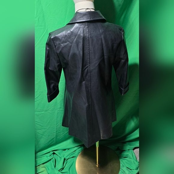Women's SM Open Long Trench Pea Coat BLK Faux Leather JKT Lightweight Lined NEW - Picture 5 of 16